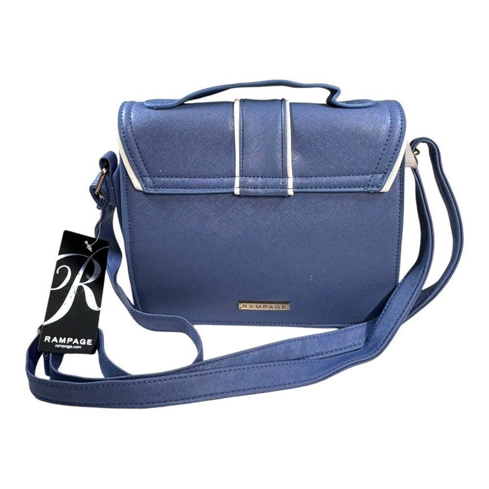 Rampage Womens Blue Faux Leather Crossbody Bag 9” X 7.5”Adjustable Strap & Gold-